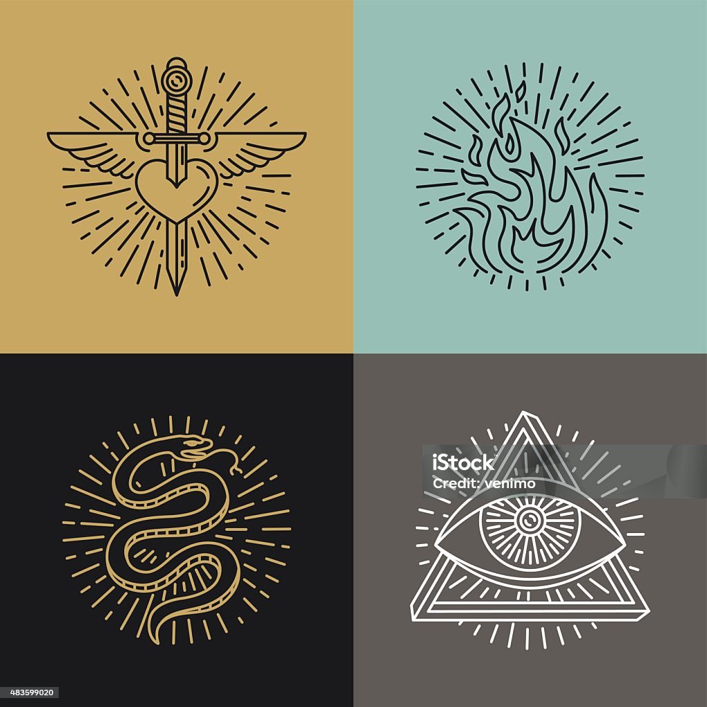 Vector set of tattoo styled icons Vector set of tattoo styled icons and emblems in trendy mono line style - linear illustrations - heart, fire, snake and eye Snake stock vector