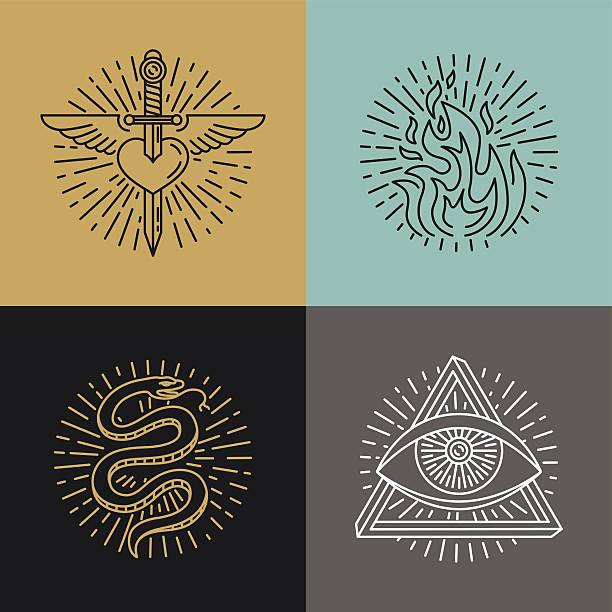 Vector set of tattoo styled icons Vector set of tattoo styled icons and emblems in trendy mono line style - linear illustrations - heart, fire, snake and eye tattoo icons stock illustrations
