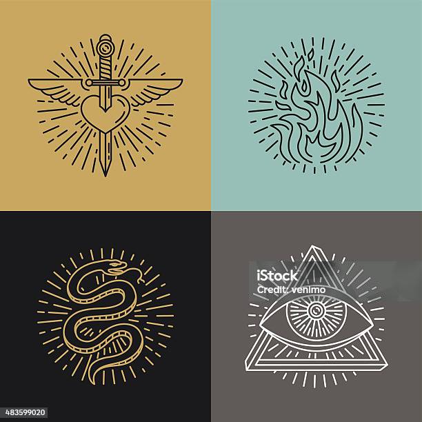 Vector Set Of Tattoo Styled Icons Stock Illustration - Download Image Now - Snake, Fire - Natural Phenomenon, Heart Shape