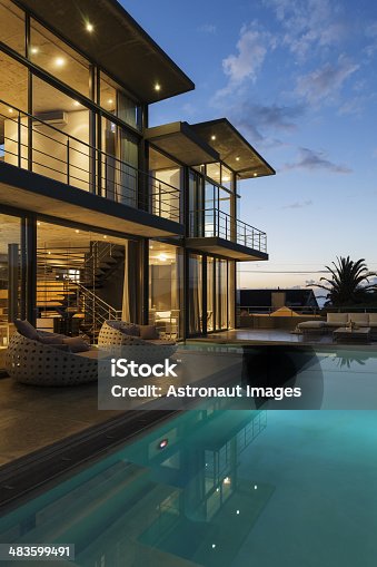 istock Luxury house with swimming pool illuminated at night 483599491