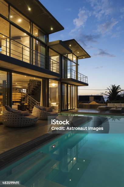 Luxury House With Swimming Pool Illuminated At Night Stock Photo - Download Image Now