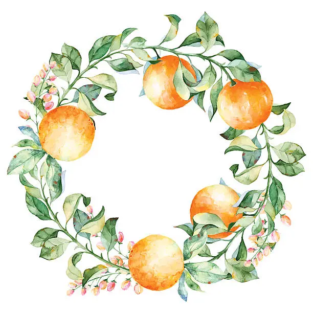 Vector illustration of Vector round frame of watercolor orange and flowers.