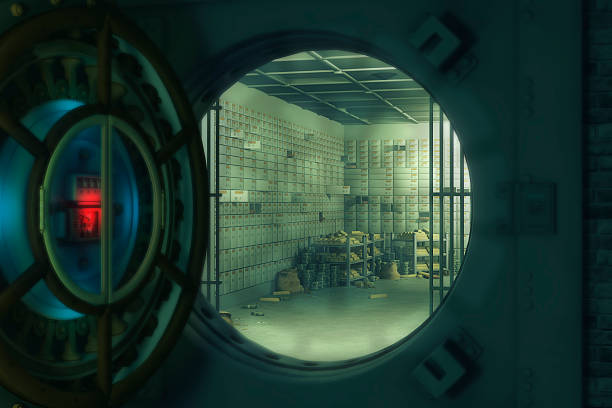 details of a safe door, showing gears and bolts