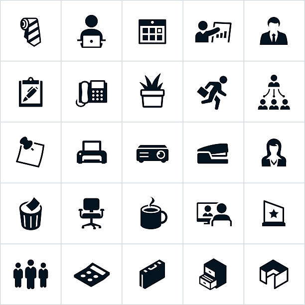 Business Office Icons Office icons typically associated with a business work location. The icons include business people, computers, office items and furniture to name a few. stapled paper stock illustrations