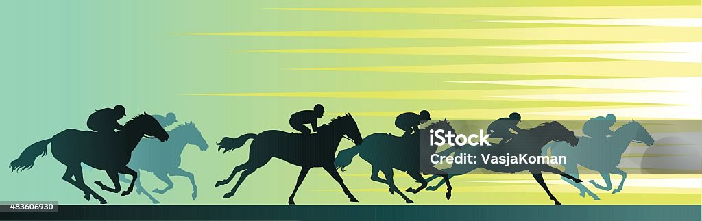Horseracing Banner With Close Up Horse and Silhouettes All images are placed on separate layers. They can be removed or altered if you need to. Some gradients were used. No transparencies.  Horse Racing stock vector
