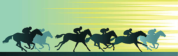 Horseracing Banner With Close Up Horse and Silhouettes All images are placed on separate layers. They can be removed or altered if you need to. Some gradients were used. No transparencies.  jockey stock illustrations