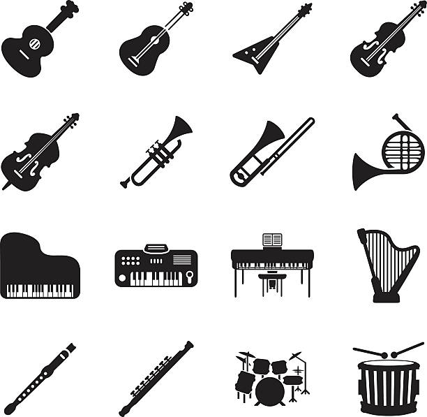 illustrazioni stock, clip art, cartoni animati e icone di tendenza di set di icone strumenti musicali - trumpet musical instrument isolated jazz