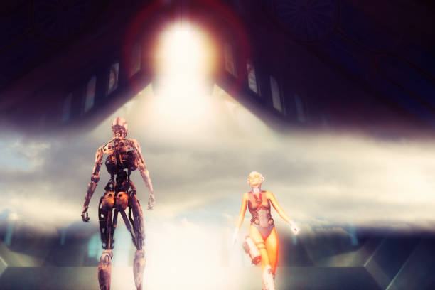 istock Robot and space traveler meeting in alien temple 483608404
