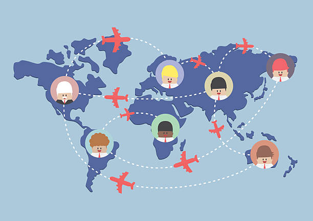 istock Businessman and airplane routes on world map 483614078