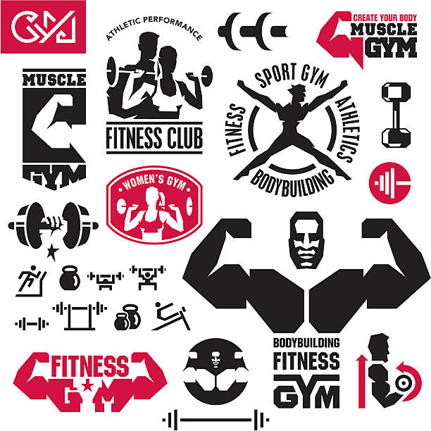 Fitness gym icons Bodybuilding fitness gym icons set images of female bodybuilders stock illustrations
