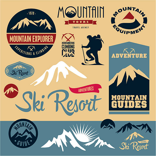 ilustraciones, imágenes clip art, dibujos animados e iconos de stock de conjunto de iconos de las montañas.  alpinismo. - sunset winter mountain peak european alps