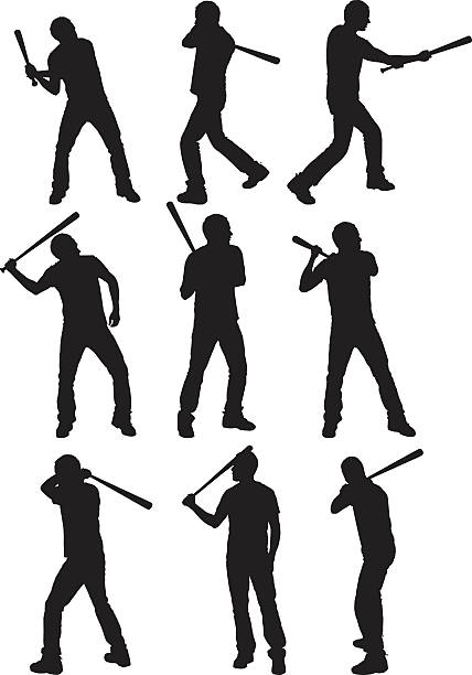 여러 개의 영상을 한 남자가 그네타기 야구 방망이 - white background baseball one person action stock illustrations