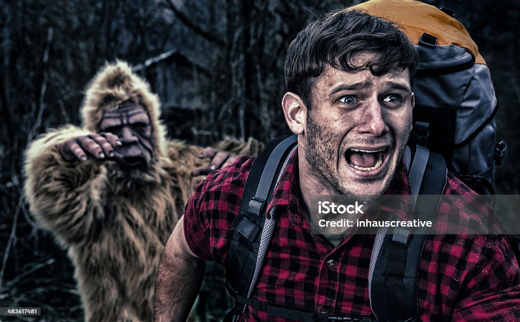 Bigfoot chasing a camper thru the woods Fear Stock Photo