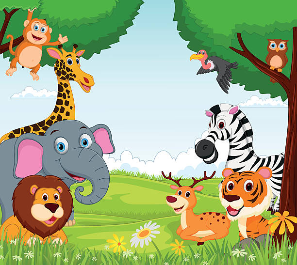 tierische cartoons im dschungel - tropical rainforest animal cartoon lion stock-grafiken, -clipart, -cartoons und -symbole