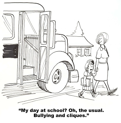Education cartoon showing a girl talking with her mother, after getting off school bus, and saying, 