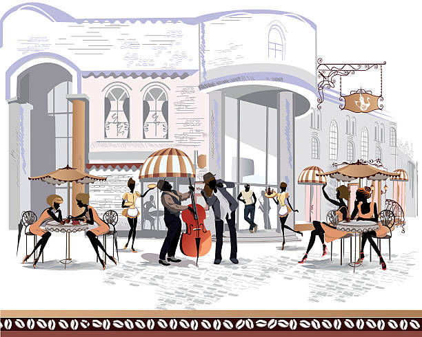 люди на уличных кафе в старом городе - people eating silhouette cafe stock illustrations