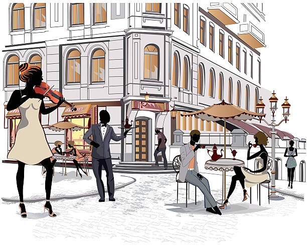 мода человек, пьющий кофе в кафе на улице - people eating silhouette cafe stock illustrations