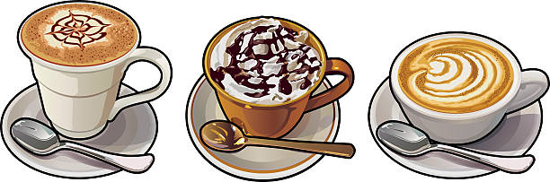 ilustrações, clipart, desenhos animados e ícones de cafe, cappuccino, mocha mochaccino - coffee hot drink cup teaspoon