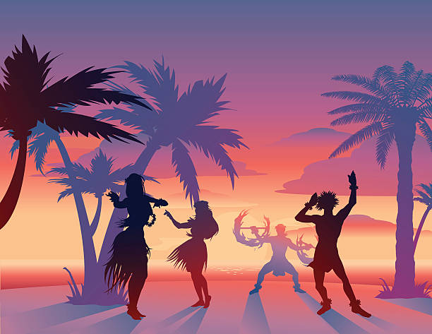 Hawaii Scene at Sunset Vector illustration  of Hawaiian luau scene at sunset. hula dancer stock illustrations