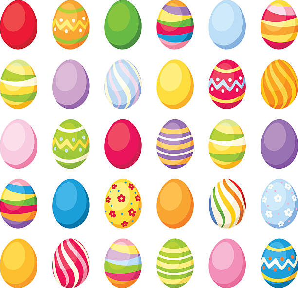 Easter colorful eggs. Vector illustration. Vector set of 30 colorful Easter eggs isolated on white. Vector illustration. egg stock illustrations
