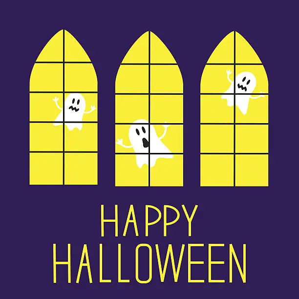 Vector illustration of Windows with ghosts. Happy Halloween Card.