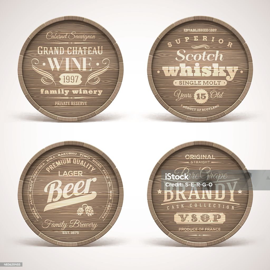 Set of wooden casks with alcohol drinks emblems This illustration - EPS10 vector file, contain transparent elements and mesh gradients. Barrel stock vector