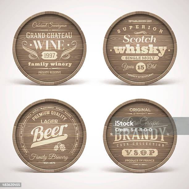 Set Of Wooden Casks With Alcohol Drinks Emblems Stock Illustration - Download Image Now - Barrel, Wood - Material, Whiskey