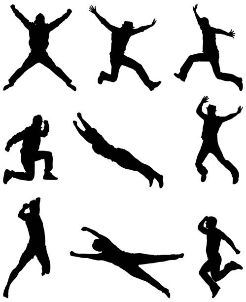 ilustrações, clipart, desenhos animados e ícones de casual homem pulando no ar - men silhouette arms outstretched freedom