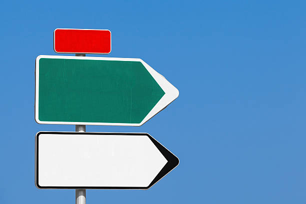 istock Blank road sign. White and green arrows, red label 483622224