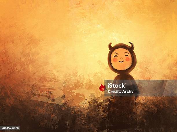 Cute Devil Hiding A Red Flower Behind Itself Stock Illustration - Download Image Now - Acrylic Painting, Sunset, 2015