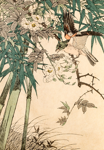 istock Red bird in bamboo, a 19th century Japanese woodblock print 483625806