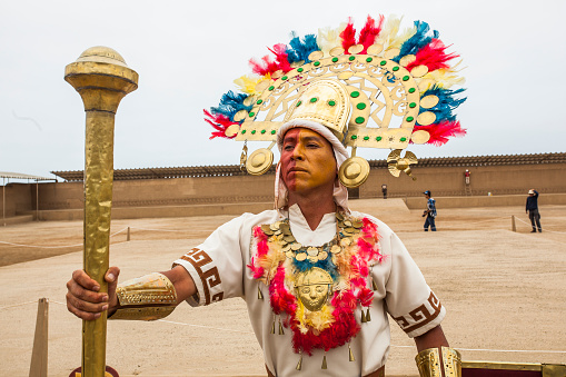 Trujillo, Peru  - August 3, 2012: Representation of the great lord Chimu, pre-Inca city ruins of Chan Chan.