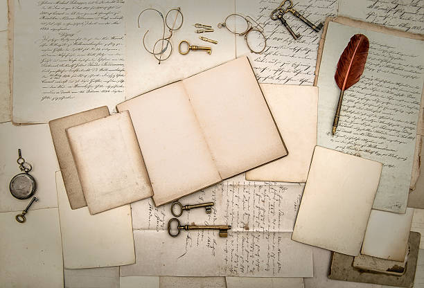 istock Antique accessories and office tolls, old letters and postcards 483626194