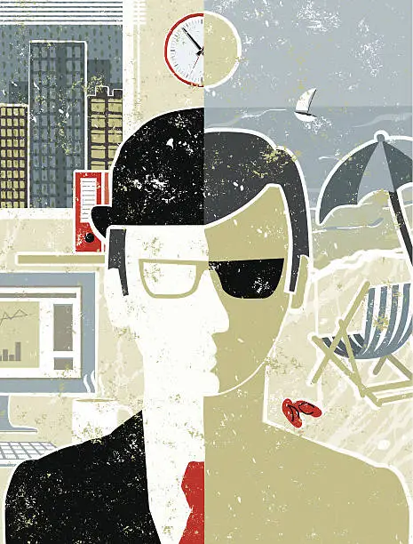 Vector illustration of Businessman in the Office and on Beach