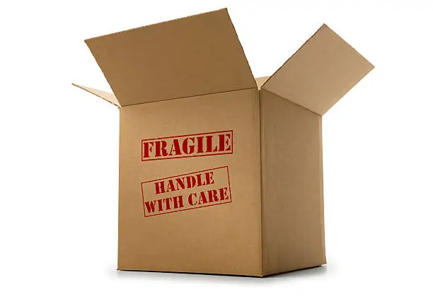 "Fragile Handle With Care" stamped on front of open box.  For blank box version see file #3389682