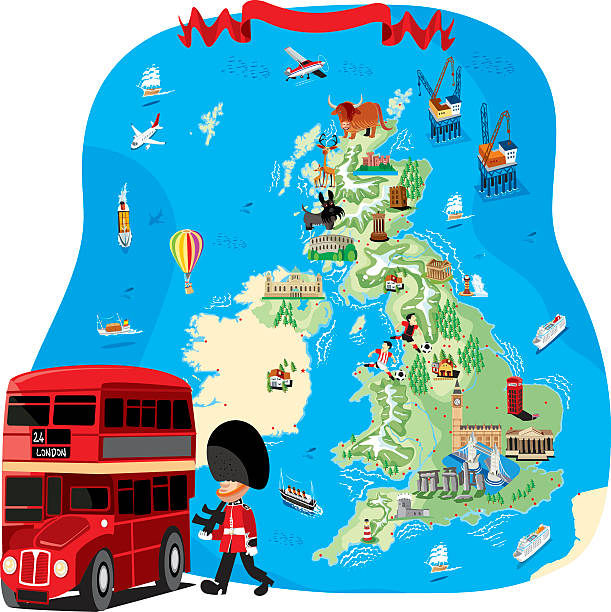 kreskówka, mapa wielka brytania - bus double decker bus london england uk stock illustrations