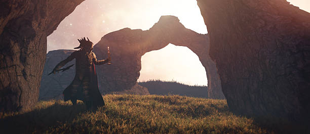 istock Lone warrior in fantasy land looking back 483628813