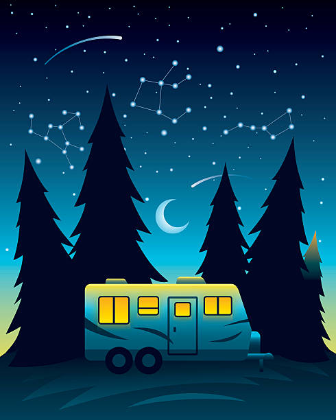 illustrations, cliparts, dessins animés et icônes de camp caravanes de nuit - motor home camping mobile home vehicle trailer