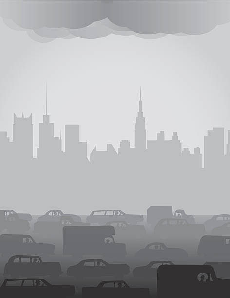 ilustraciones, imágenes clip art, dibujos animados e iconos de stock de polución a la ciudad o la niebla - traffic jam traffic pollution car