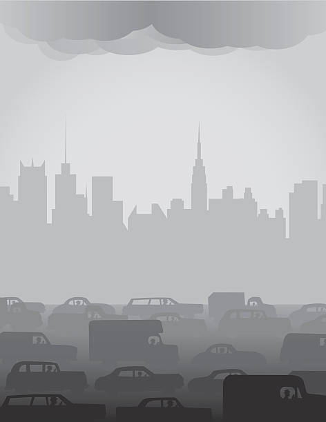 City Smog or Fog Pollution from vehicles casts a gloomy gray smog over the city. EPS, Layered PSD, High-Resolution JPG included. Each item is on a separate, clearly-labeled layer. rain silhouettes stock illustrations