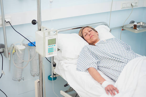 istock Woman lying on a medical bed with closed eyes 483630645