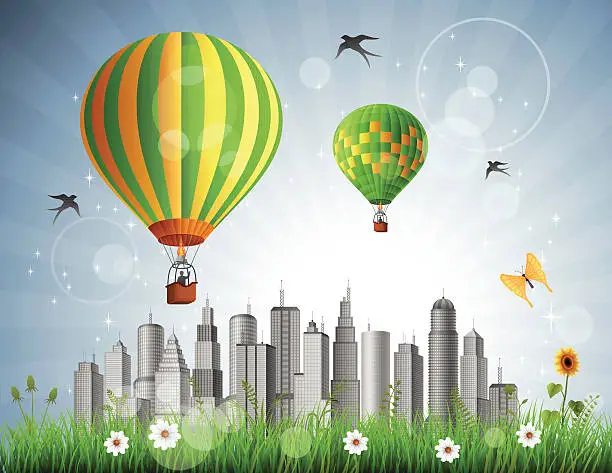 Vector illustration of Hot Air Balloons over the City