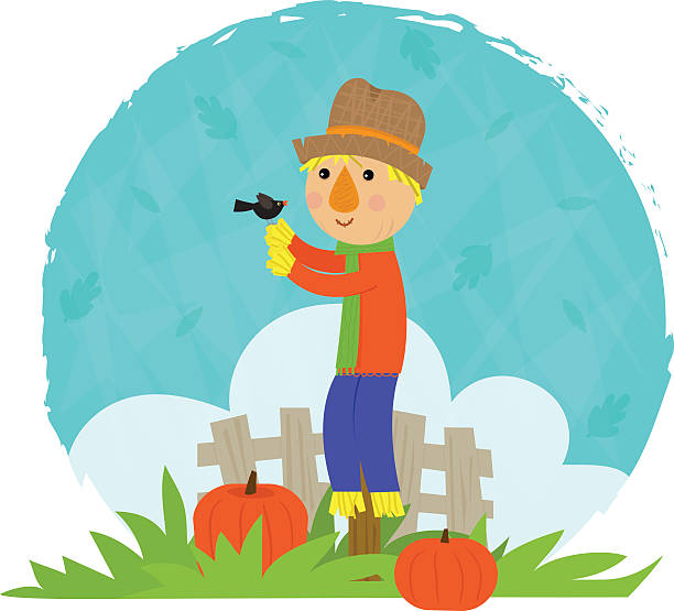 Scarecrow With Bird Clip art of a scarecrow and a bird standing in a field with pumpkins, in front of a fence and decorative background. Eps10 rail fence stock illustrations