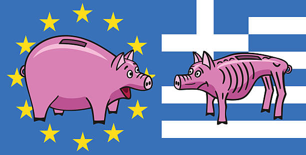 ilustrações, clipart, desenhos animados e ícones de piggy bank europeia. - greece crisis finance debt