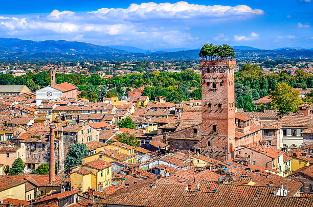 Scenic view of Lucca and Guinigi tower Scenic view of Lucca and Guinigi tower from Torre delle Ore, Lucca, Italy lucca stock pictures, royalty-free photos & images