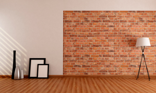 Empty room with old  brick wall frame vase and lamp on parquet floor - rendering