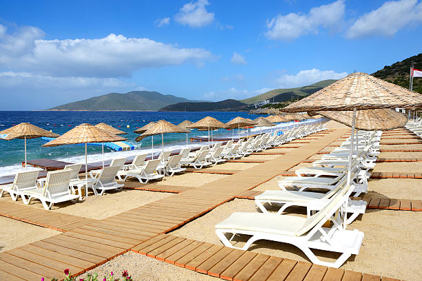 The beach with sand at luxury hotel, Bodrum, Turkey stock photo