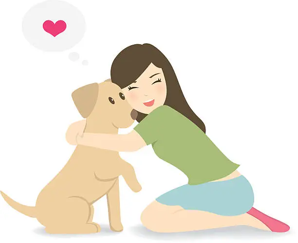 Vector illustration of Happy woman crouching down, hugging dog