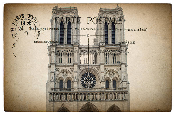 french cartão postal de paris com marco de notre dame - postcard french culture france postage stamp - fotografias e filmes do acervo