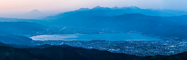 Mountain Fuji Panorama view of Suwa lake and Mountain Fuji in early morning suwa lake photos stock pictures, royalty-free photos & images